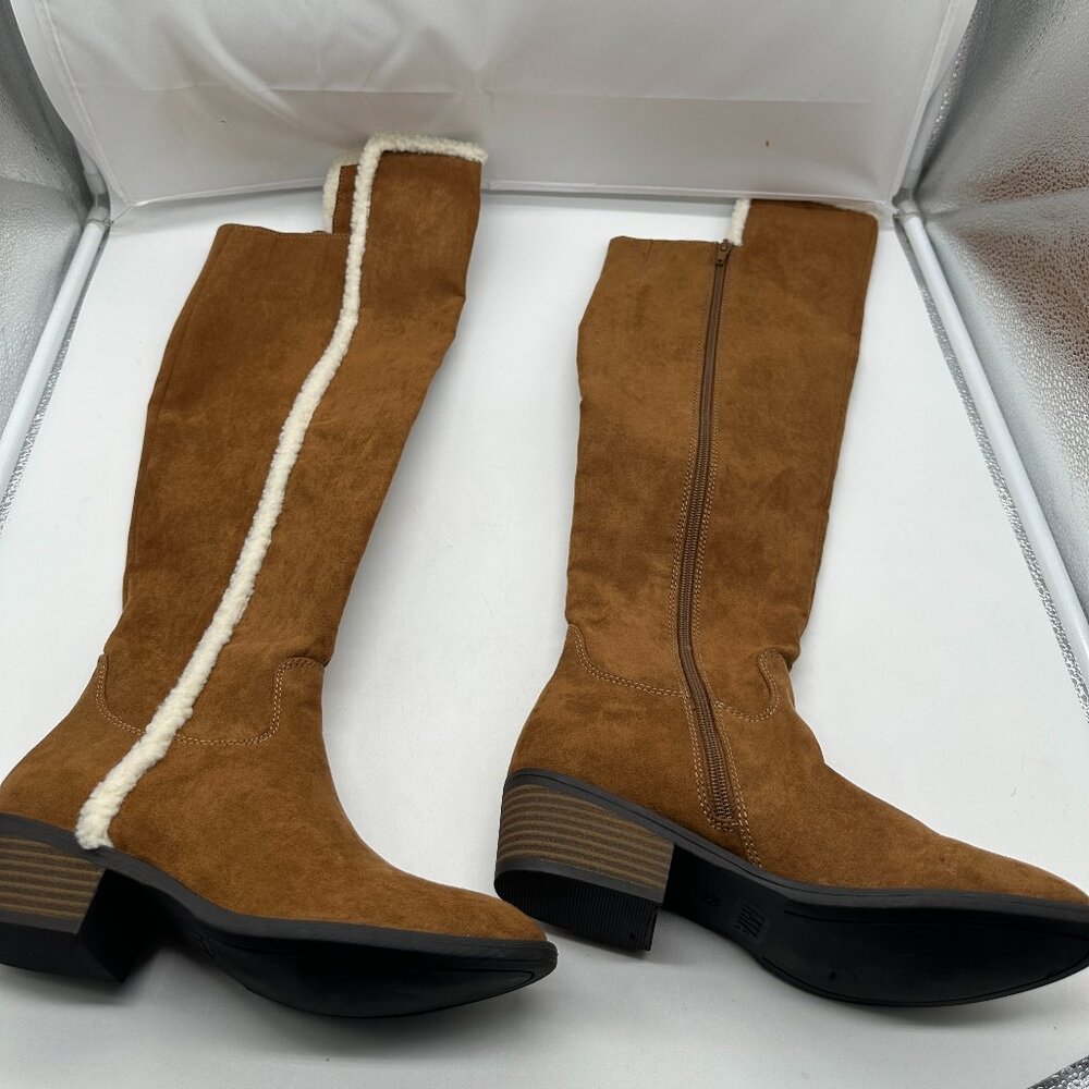 New MIA Womens Knee High Boots Brown Suede Sherpa Trim Zipper 8